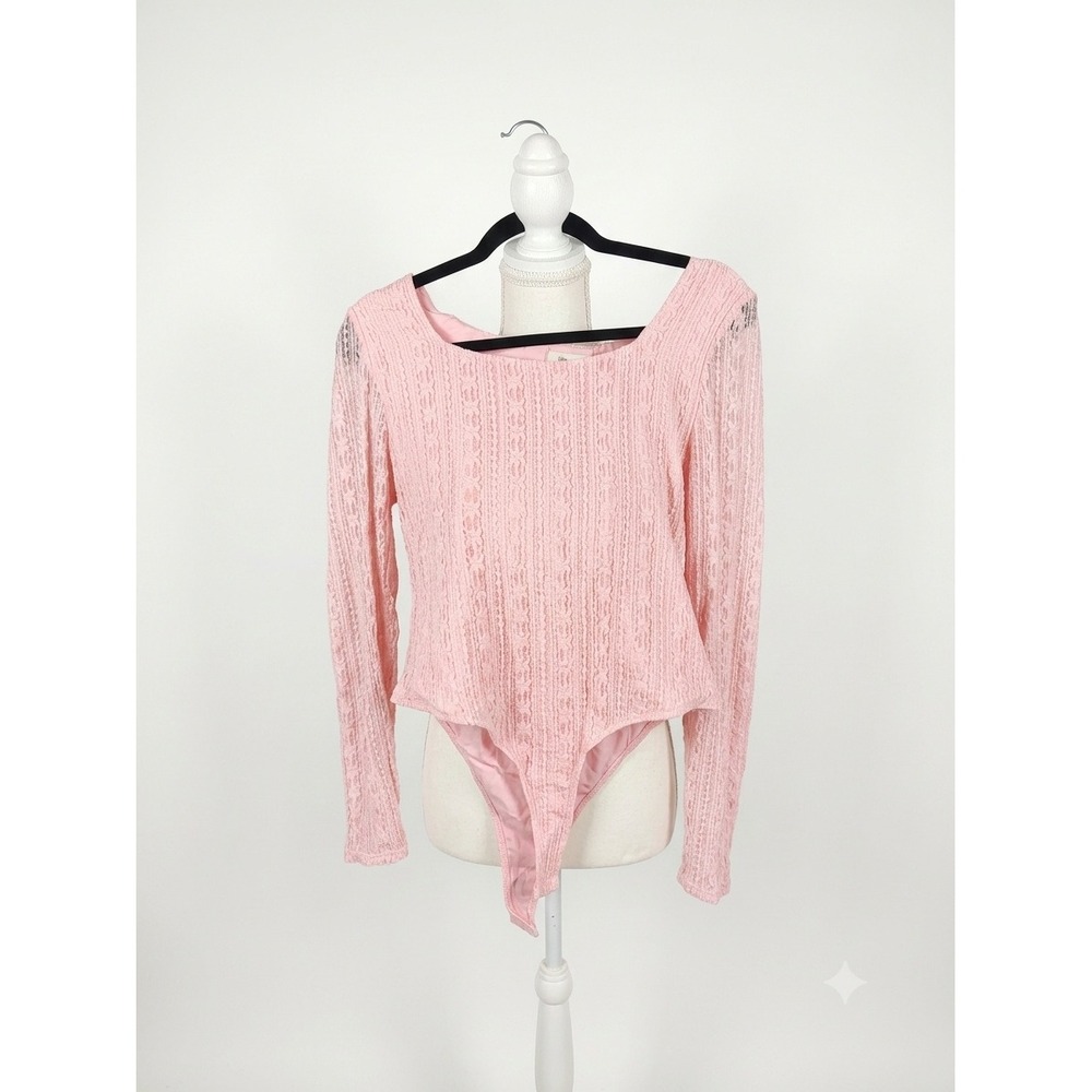 Francescas Pink Lace Square Neck Long Sleeve Bodysuit NWT Large ARC0131-PINK